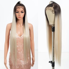 Style Icon Super Long Straight 13x4 Lace Frontal Wig 38 inch Long Straight Hair Wig for Women Synthetic Lace Front Free Part Wig Updo Wig Pre Plucked with Baby Hair Synthetic Fiber (TTPG 6/613F/1001E)