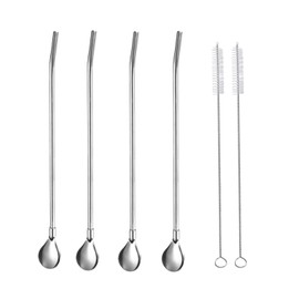 JZK 4 X Silver Stainless Steel Drinking Straw Spoon Reusable Metal Straw Spoon 2 in 1 with 2 Cleaning Brushes for Smoothies Milkshakes Coffee Cocktail
