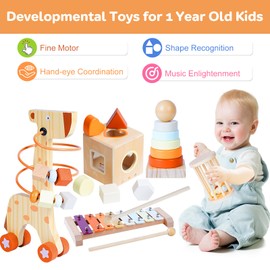 Smartwo Montessori Toys Set for 1-3 Year Old,Babies Learning Educational Wooden Toys for Bead Maze,Xylophone,Shape Sorting,Stacker Ring,Rolling Rattle,Gift for Toddlers Boys Girls 3+