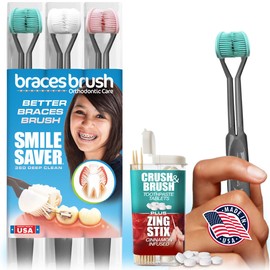 SMILE SAVER 360° Braces Brush 3-Sided Toothbrush 3PK + Toothpaste Tablets + Cinnamon Infused Toothpicks | Built-in Tongue Scraper | Adults Children Braces Travel Made in USA (Charcoal Handles)