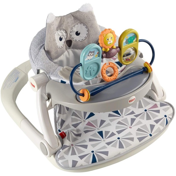 Fisher-Price Baby Premium Sit-Me-Up Floor Seat with Toy Tray - Owl Love You, portable baby chair with snack tray and toys