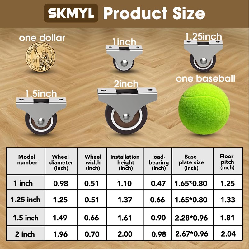 SKMYL 1.25 Inch Small Fixed Caster Wheels with Quiet Rolling,Drawer
