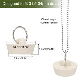 sourcing map 2Pcs Drain Stoppers, Rubber Bathtub Stopper Sink Plugs Caps with Hanging Ring and 15" Bead Chains for Bathtub Kitchen Bathroom (White - 1.24" to 1.34")