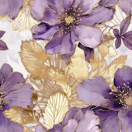 REDAMANCY Golden Purple Floral Leaf Plants Peonies Flowers Watercolor Peel and Stick Wallpaper Stick on Contact Paper Vintage Wall Paper Easy Peel Off for nightstand Drawer Cabinet Renter