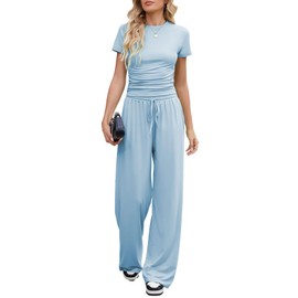 Nimsruc Women's 2 Piece Lounge Sets For Women Summer 2025 Ruched Short Sleeve Tops Wide Leg Pant Sets Tracksuit Blue M