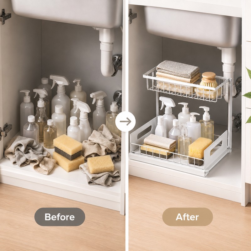 2-Tier Sliding Under Sink Organizer for Kitchen & Bathroom Cabinets