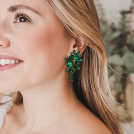 EVER FAITH Crystal Fashion Statement Cluster Earrings, Art Deco Bling Colorful Marquise Teardrop Dangle Clip-on Earrings for Women Green Gold-Tone