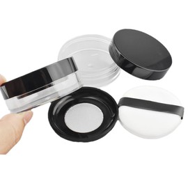 HAHIYO Empty Travel Compact Case Makeup Cosmetic Jar Refillable Powder Box No Leak Holder with Elastic Mesh Sifter and Black Lid, 2Pcs 10ml/0.34oz