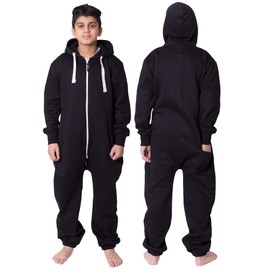 NOROZE Unisex Children's Hooded Onesie With Aztec Pattern and Plain Fleece, Jumpsuit for Boys and Girls, For Ages 2 - 13 Years - black