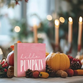 Lacama Pink Fall Decor，Fall Room Decor，Hello Pumpkin Sign Wood Box Sign Table for Home Bathroom Kitchen Office Bedroom Decors, Thanksgiving Harvest Decorations, Farmhouse Desk Block Signs 5x5 In