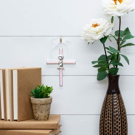 Girl Kneeling to Pray Soft Pink and Silver 6 inch Zinc Alloy Metal Wall Cross