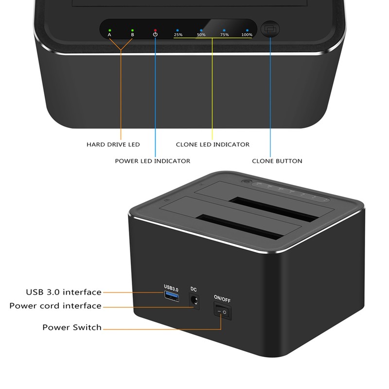 Hard Drive Docking Station USB3.0 Aluminium Alloy 7+15Pin SATA 5Gbps