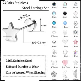KRFY 24 Pairs Stainless Steel Stud Earrings for Women Girls Small Multiple Geometric Tiny Ball Star Heart Moon Piercing Ear Studs Cubic Zirconia Stud Earring Set Flat Back Earrings