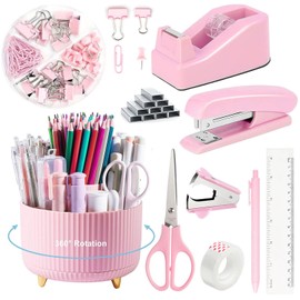 Juego de Suministros de Oficina,kit de papeleria,accesorios para escritorio,cosas para escritorio,incluye organizador de escritorio,grapadora, dispensador de cinta,tijeras(Rosa)