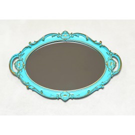Schones Geschaft Decorative Mirror Tray, Makeup Jewelry Perfume Organizer，Vintage Oval Display and Serving Tray for Bedroom Living-Room Dresser Decor (14.4”x 9.8”) (Blue - Oval)
