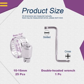 Swpeet 25Pcs 0.4-0.6inch (10-16mm) Hose Clamp 100% 304 Stainless Steel Adjustable Range Worm Gear Hose Clamp with Wrench Fuel Line Clamp Perfect for Plumbing, Automotive (10-16MM)