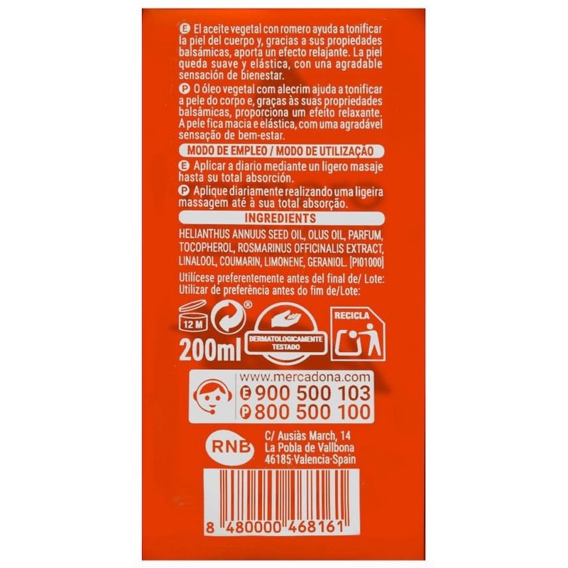 Aceite Corporal de Romero 100% Natural. 200 ml. Deliplus