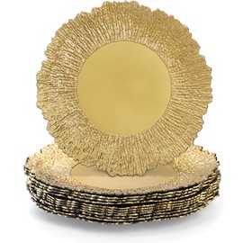 Coloch Coloch Set of 12 Plastic Gold Charger Plates, 13" Reusable Reef Serving Charger for Dinner Plate Round Shiny Decorative Charger Plate for Wedding, Catering, Parties, Restaurant, Home Dinner Use