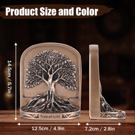 Tree of Life Book Ends– 2 Pcs Resin Bookends, Book Ends for Heavy Books, Decorative Bookends with Antique Brass Finish, Book Ends Unique for Shelves, Bookcase or Desk, Non-Skid Holders for Office