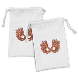 Lunarable Masquerade Fabric Pouch Set of 2, Ornate Mardi Gras Carnival with Feathers Festival Celebration Theme Artwork, Small Drawstring Bag for Toiletries Masks and Favors, 9" x 6", Orange