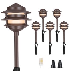 Gardencoin Pagoda Low Voltage Pathway Lights, 12V Outdoor LED Landscape Path Lights Wired, Cast Aluminum Walkway Lighting with 4W 2700K Replaceable G4 Bulb, Bronze Classic Shade, 480LM, 3-Tier 6 Pack