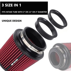 4-Inch Cold Air Intake Filter - Washable, High Performance, 3" or 3-1/2" or 4" Clamp-On Replacement Cone Air Filter Universal 3 Sizes in 1 Red