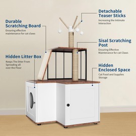 Hidden Litter Box Enclosure Wood L-Shaped Corner Cat Furniture with Storage Cabinet Scratching Post and Play Area