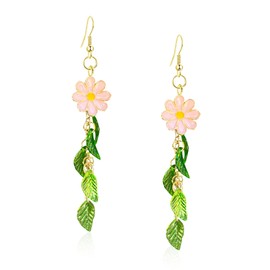 Just Follow Flower Petal Long Drop Dangle Earring Bohemian Alloy Floral Tassel Statement Hanging Earring for Women Party Jewelry Gift (Pink)