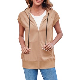 Fisoew Women's Sleeveless Zip Up Cotton Hoodies Casual Loose Fit Drawstring Sweatshirts Lightweight Jackets Vest with Pockets