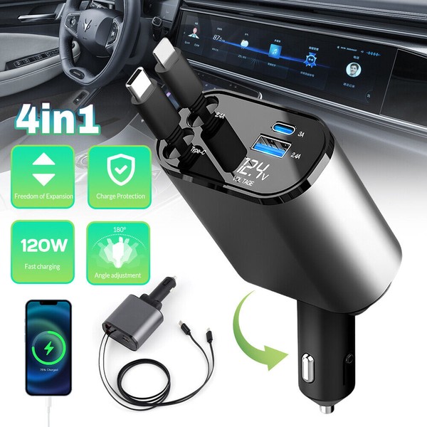 Universal 4 IN 1 Retractable Car Charger Cable Dual Port