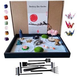 ZEN&TAO Classic Desktop Zen Garden with Abundant (Over 20) Accessories Sitting in Large Black Original Wood Tray and 7pcs Toolset Encased in Metal Box (CHAKRA GEMSTONES)