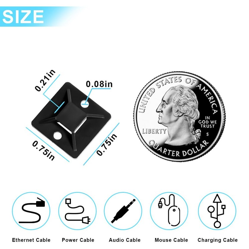Zip Tie Mounts - Small Cable Tie Adhesive Mount, 3/4in