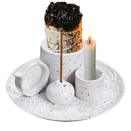 Handmade Ceramic Incense Burner - Palo Santo Sticks Holder & Sage Holder for Burning with Ash Catcher Tray, Multi-Use Aromatherapy Tray for Meditation, Yoga & Home Decor (White Patch)
