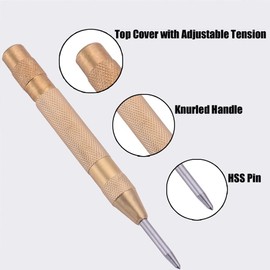 Automatic Center Punch 5 Inch Steel Brass Spring Impact Loaded Heavy Duty Hole Punch Hand Tool with Adjustable Tension for Window Glass Woodworking Metal Drilling Plastic DIY Lovers