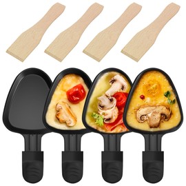 IPOW 4er-Set Dreieckige Raclette-Pfännchen mit Schwarzen Griffen + Holzspatel – Profi Antihaft, 18,34 cm, Innovatives Design