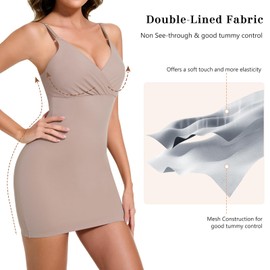 Lynclare Shapewear Slips For Under Dress Tummy Control Full Slip Body Shaper Seamless Shaping Slip Knee Length Deep V Neck Beige L