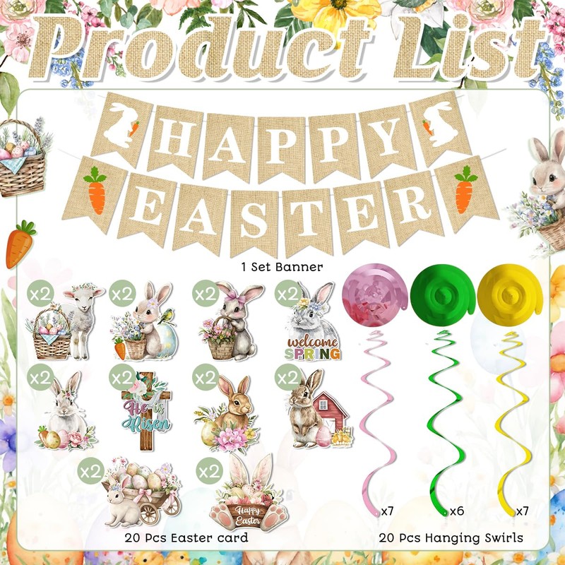 Easter Decorations Happy Easter Garland Banner with Egg Bunny Hanging