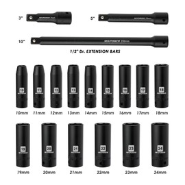 MIXPOWER 18 Pieces 1/2-Inch Drive Deep Impact Socket Set, Includes 10mm to 24mm, 3", 5", 10" Extension bars, CR-V, 6 Point Metric Socket Set