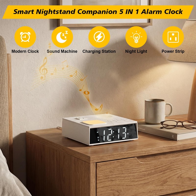 Kungfuking Alarm Clock Power Strip with White Noise, Dual Alarms,