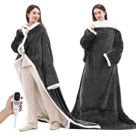 NIORSUN Heated Blanket Throw with Foot Pocket, Wearable Electric Blanket with 9 Heating Levels & 10 Time Settings, Ultra-Soft Flannel & Sherpa, Cozy Gift for Family and Friends, 50 * 70", Grey