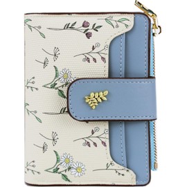 Farcauo Cute Wallet Women Blue Minimalist Flower Design Women's Travel Wallets Leather Credit Card Holder Small Wallets Coin Purse with ID Window Kawaii Cash Wallet for Women Ladies and Girls