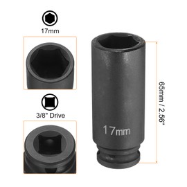 sourcing map Deep Impact Socket 3/8" Square Drive by 17mm Metric 6 Point Socket 65mm (2.56") Long CR-MO Steel Industrial Grade Flip Socket for Home Auto Hex Nuts Bolts Repair, Black