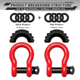 AUTMATCH D Ring Shackle 3/4" Shackles (2 Pack) 41,887Ibs Break Strength with 7/8" Screw Pin and Shackle Isolator Washers Kit for Tow Strap Winch Off Road Vehicle Recovery Red & Black