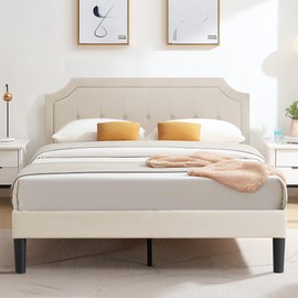 VECELO Full Size Platform Bed Frame with Fabric Upholstered Headboard and Wooden Slats Support, No Box Spring Needed/Easy Assembly,Beige