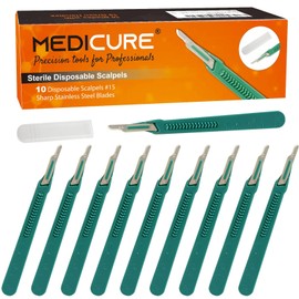 Medicure Disposable Scalpels Multiple Sizes Sharp Stainless Steel Blades | Pack of 10 | Sterile Individual Pouches | for Dermaplaining, Podiatry, Crafts & More (15)