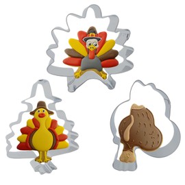3 Pcs Fall Thanksgiving Feast Turkey Cookie Cutters Set,Turkeys, Chicken Leg with Recipe Instructions,Stainless Steel Molds