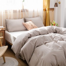 ECOCOTT 3 Pieces Duvet Cover Set Queen 100% Washed Cotton 1 Duvet Cover with Zipper and 2 Pillowcases, Ultra Soft and Easy Care Breathable Cozy Simple Style Bedding Set(Beige)