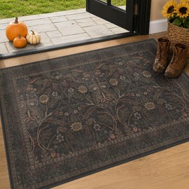Dark Brown 2x3 Washable Entry Rug, Throw Small Rugs for Entryway Kitchen Bathroom Indoor Door Mat, Farmhouse Floral & Botanical Door Mats, Low Pile Soft Stain Resistant Carpet