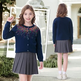 Rolanko Girls' Bolero Cardigans, Long Sleeve Cotton Basic School Clothing, Crew Neck Pullover Cardigan, Sequins Navy