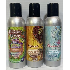 Smoke Odor Exterminator 198 gm/ 7 oz Large Spray Hippie Love Set of Three Cans. Assortment (3) Includes Hippie Love, Fierce and Mesmereyes.